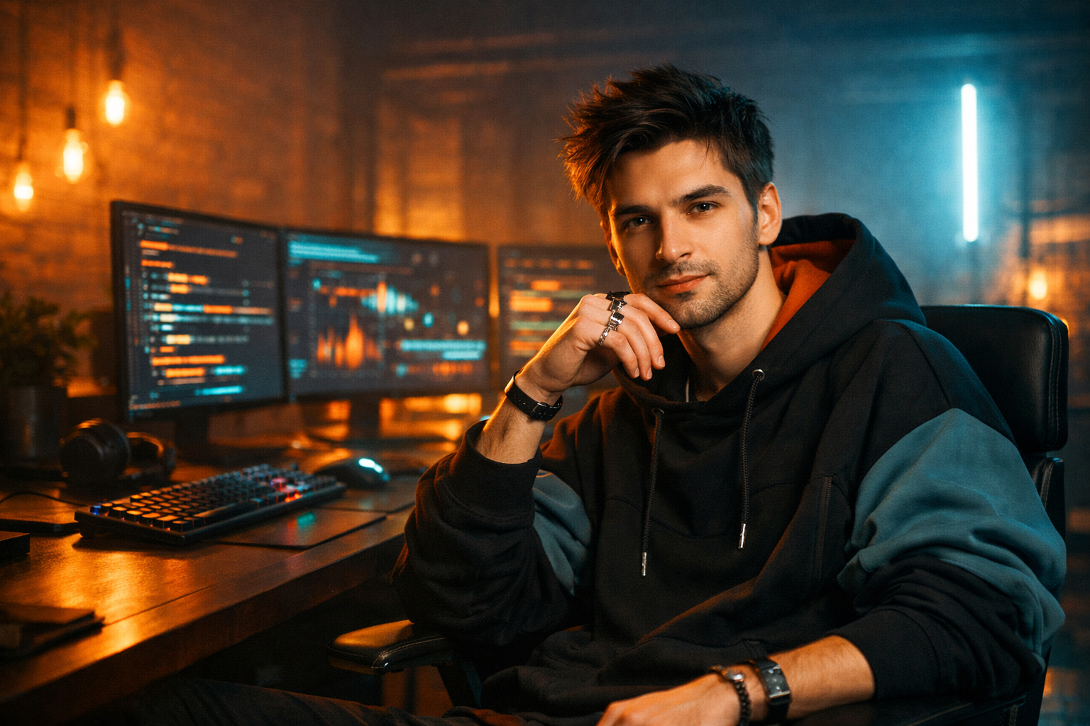 Антоша в cyber loft пространстве за рабочим сетапом